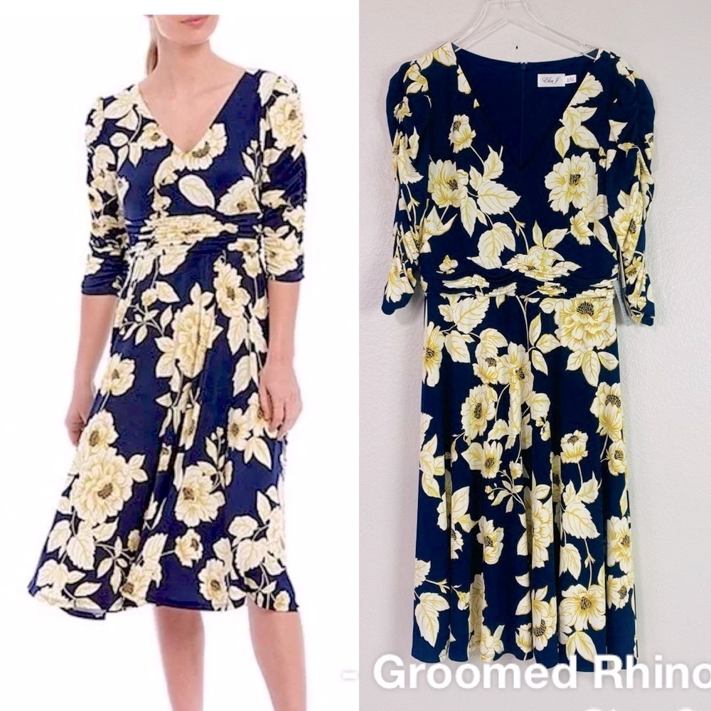 Eliza J Navy and Yellow Floral Midi Wrap Dress